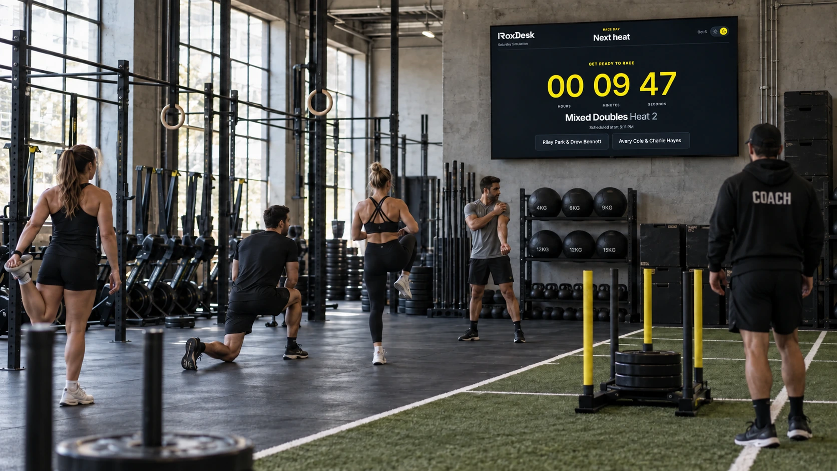 Concept visualization of athletes warming up in a functional gym beneath a large next-heat countdown display
