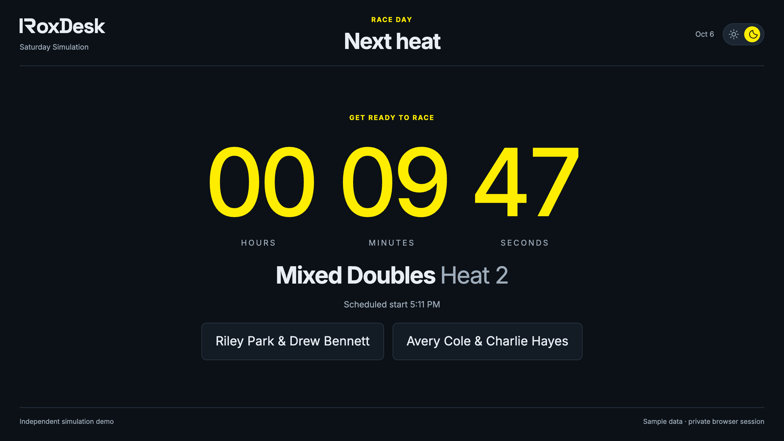 Next heat countdown with the upcoming division and athlete roster